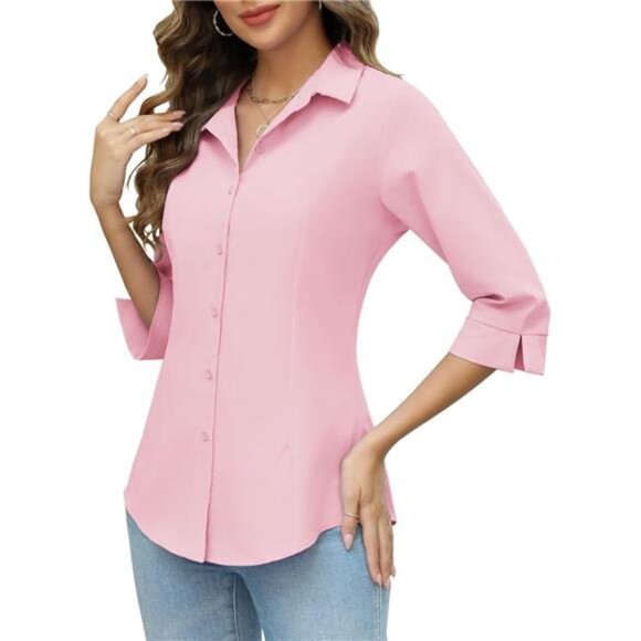 Women Button Down Shirts 3/4 Sleeve Pink - Picture 1 of 6